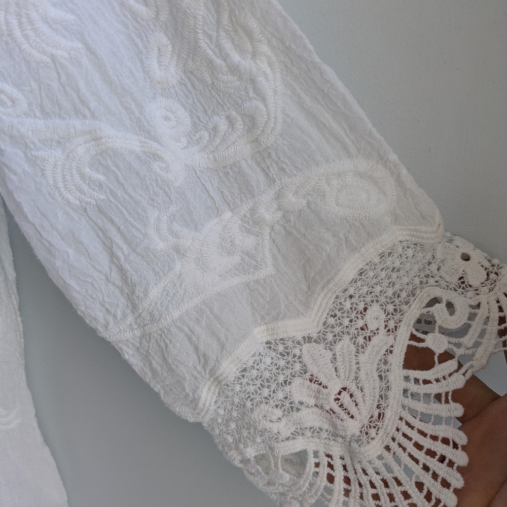 Chico's White100% Cotton Tunic with Embroidery and Scalloped Hem Size 2(L/12) - Picture 8 of 13